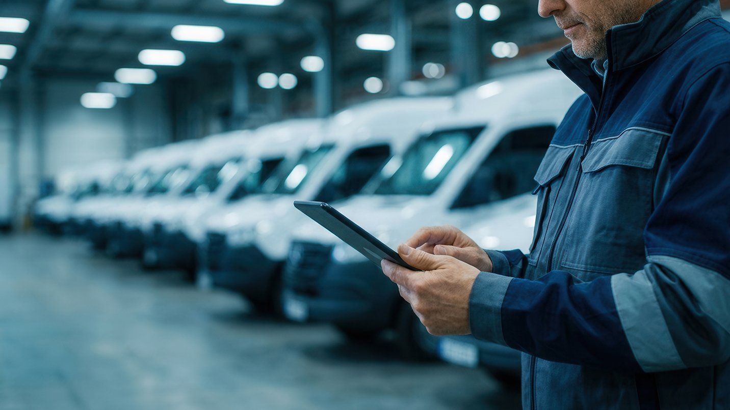 Man using tablet in warehouse with vans
