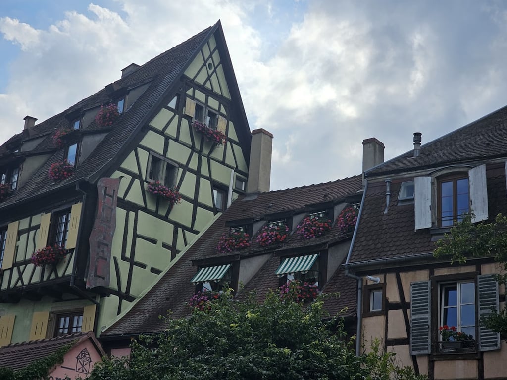 Kolorowe domy szachulcowe wzdłuż kanału w Colmar we Francji