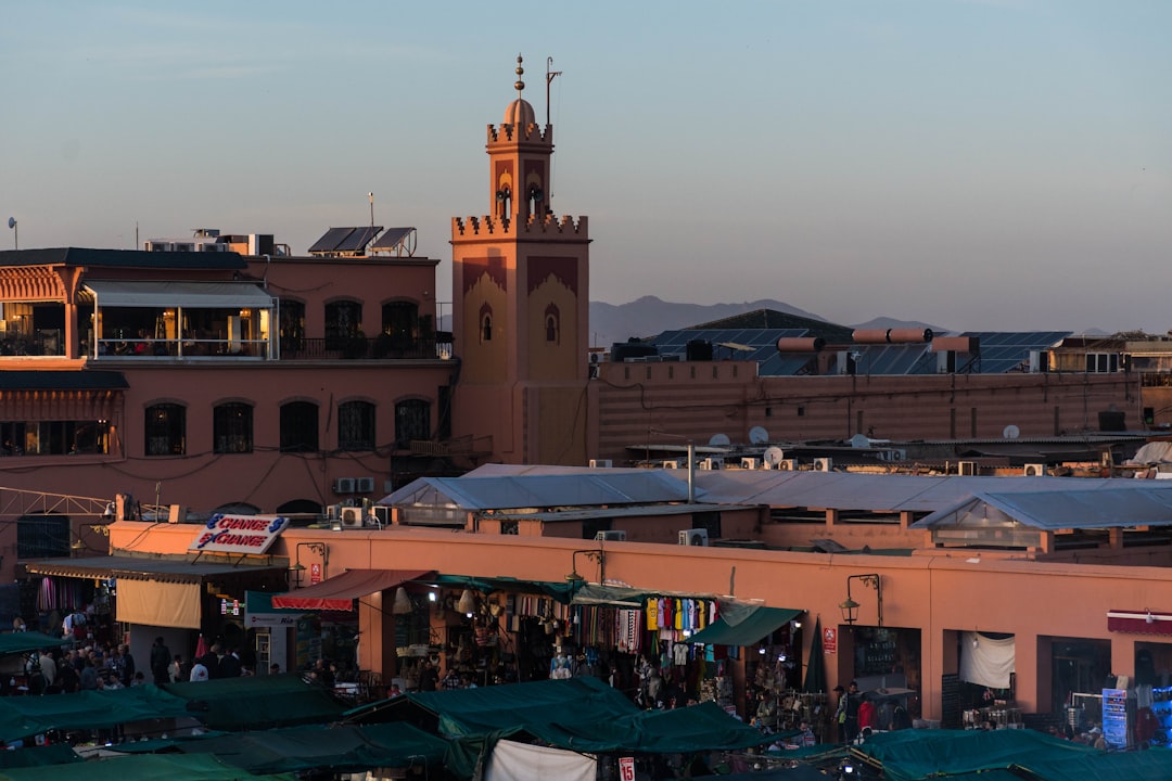 A quiet, narrow alleyway in the Marrakech medina, with traditional architecture and potted plants.