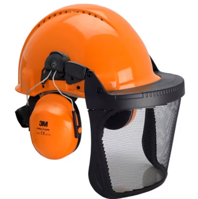 COMBINAISON FORESTIÈRE 3M™ PELTOR, CASQUE DE SÉCURITÉ ORANGE G3000, CASQUE ANTIBRUIT H31, SUPPORT FH1 ET ÉCRAN FACIAL EN MAILLE 5C.