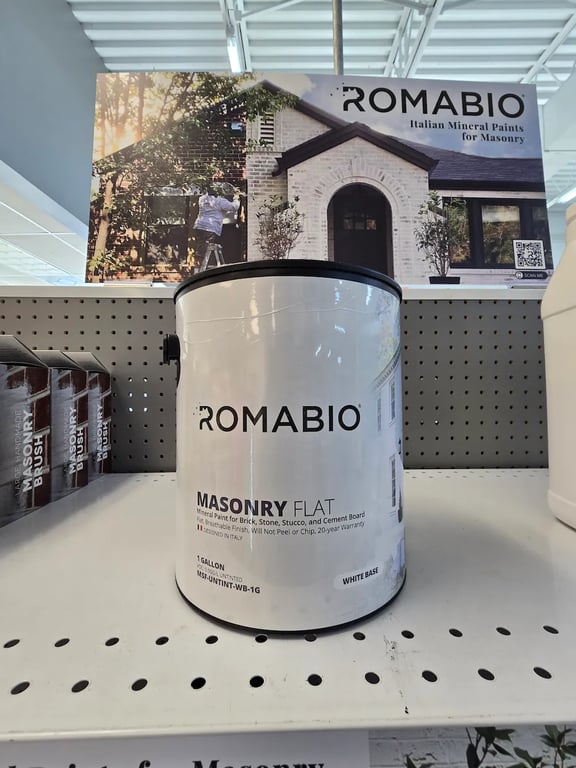 Romabio Masonry Flat mineral paint on the shelf at Prism Paint & Design in Cary, NC—the expert-recommended breathable coating for modernizing Raleigh brick homes while preventing moisture trap.