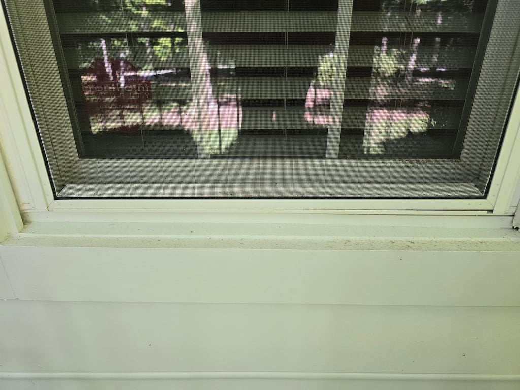Dirt and pollen on a white exterior window sill in Raleigh.