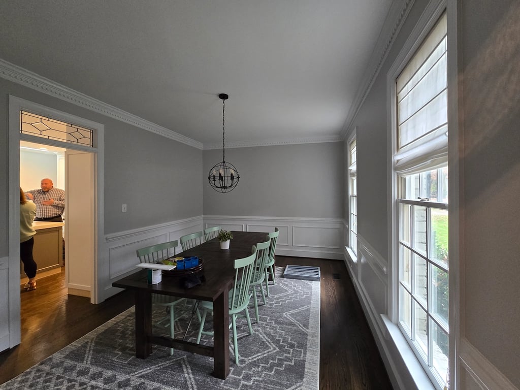 Finished dining room in Raleigh, NC, featuring Sherwin-Williams Symmetry Zero VOC eco-friendly paint for a healthy, professional interior finish in the Pointe at Falls Lake neighborhood.