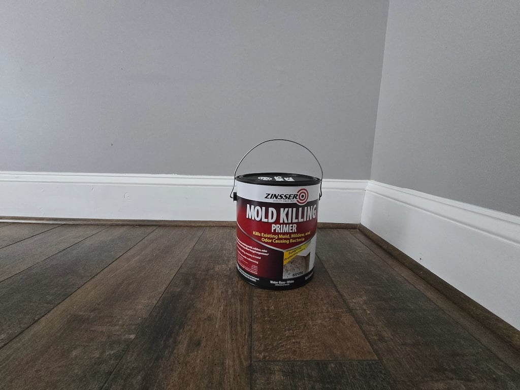 Professional application of Zinsser Mold Killing Primer to treat and seal organic growth on interior baseboards in a Raleigh, NC home, providing an EPA-approved anti-fungicidal barrier.