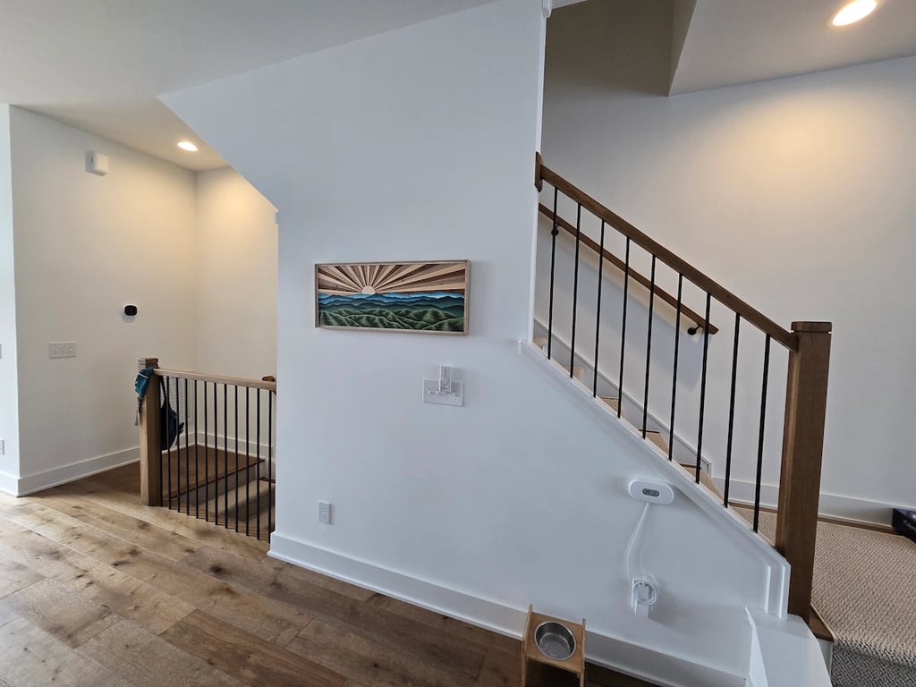 Modern townhouse interior in Downtown Durham, NC, featuring monochromatic white walls and trim paired with natural hardwood floors to showcase a high-end, light-reflective residential painting project.
