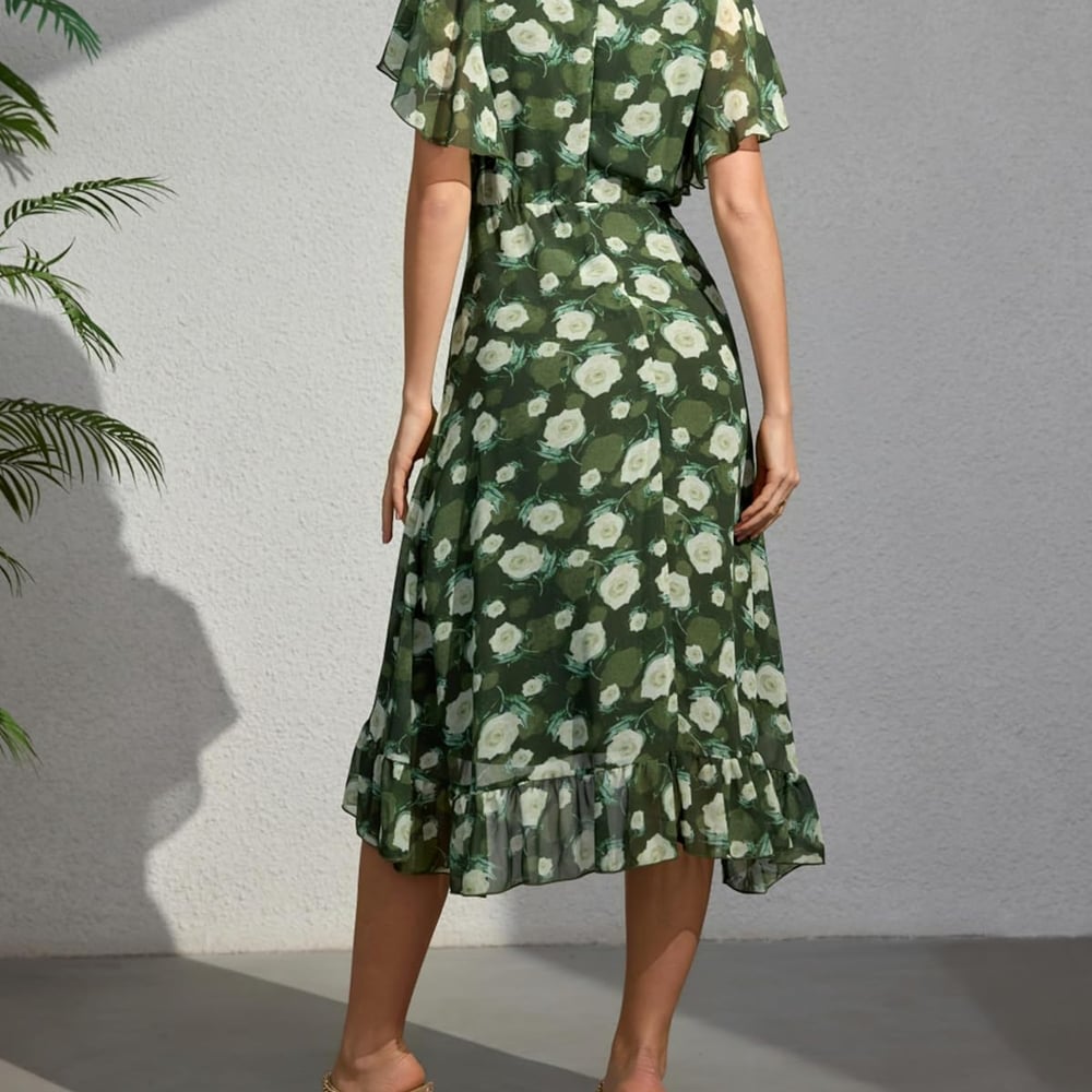 Women's 2026 Summer Flutter Short Sleeve WrapV Neck Ruffle Asymmetrical Hem Floral Printed Cocktail Dress