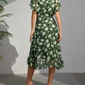 Women's 2026 Summer Flutter Short Sleeve WrapV Neck Ruffle Asymmetrical Hem Floral Printed Cocktail Dress