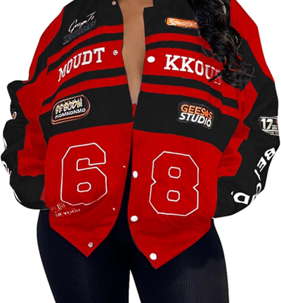 Women Varsity Jacket Motorcycle Detachable Letter Graphic Racer Vintage Colorblock Baseball Coats Streetwear