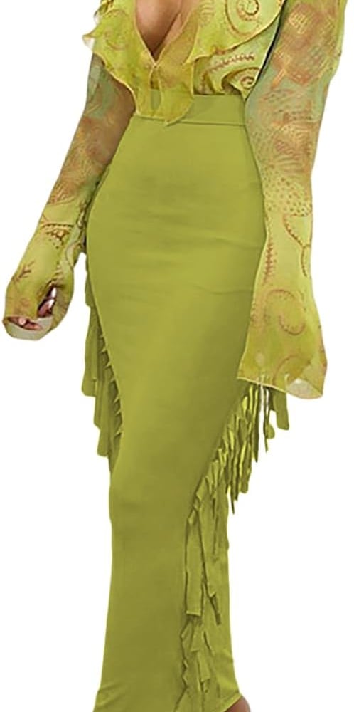 Women's Skirt Fringe Side Tassel Elastic Waist Slim Bodycon Long Maxi Pencil Skirts for Club