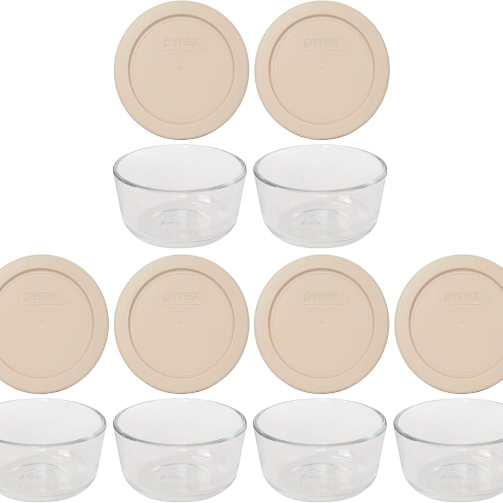 Pyrex 7202 1 Cup Glass Bowls & 7202-PC Blush Lids (6-Pack) - Made in USA