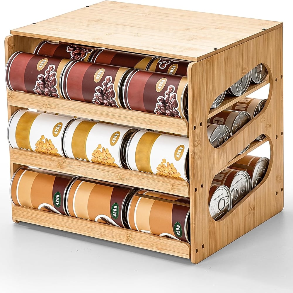 Soup Can Organizer for Pantry, 4 Tier Pantry Can Organizers and Storage, Rolling Bamboo Canned Food Storage for Countertop Kitchen Cabinet
