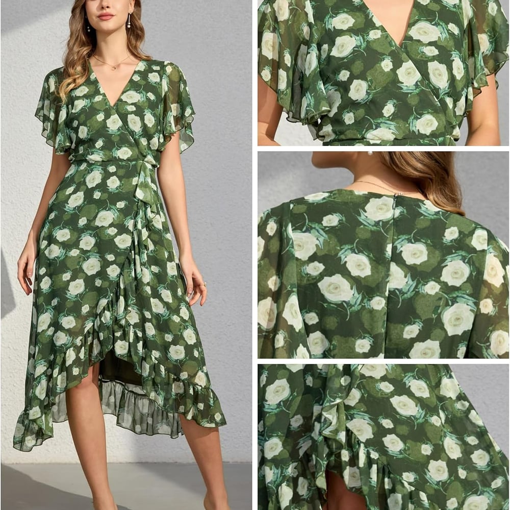 Women's 2026 Summer Flutter Short Sleeve WrapV Neck Ruffle Asymmetrical Hem Floral Printed Cocktail Dress