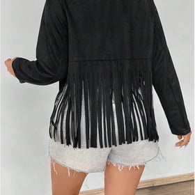 Women's Plus Size Beaded Tassel Trim Open Front Long Sleeve Music Festival Jacket