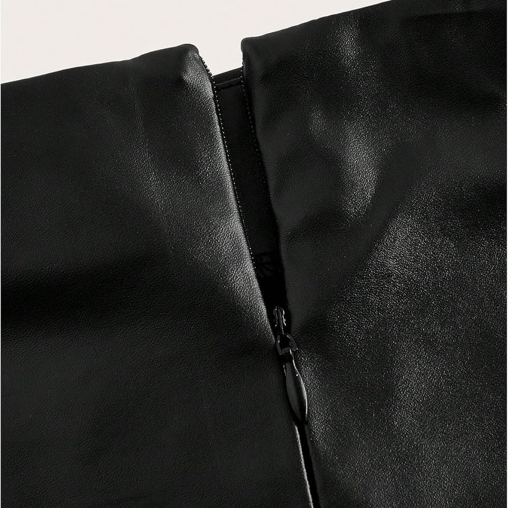 Women's Ruched PU Leather Bodycon Long Skirt Slit Back Zip Up Cocktail Pencil Skirts