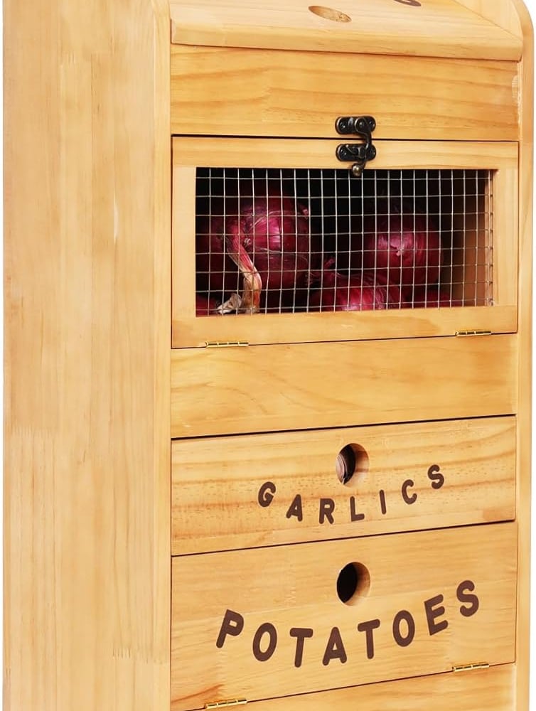 Potato Bin Veggie Organizer Rustic Pine Wood Potato, Onion & Garlic Storage Bin | Kitchen Organizer | Solid Wood Veggie Box | Compact Kitchen Box (13.77" L x 7.1" W x 29.3" H)