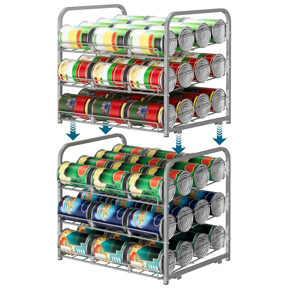 Stackable Can Organizer for Pantry Organizers and Storage 2 Pack Adjustable Can Holders for Pantry Holds Up to 72 Cans with Metal Rack Dispenser for Kitchen Canned Foods and Drinks, 3 Tier, Silver