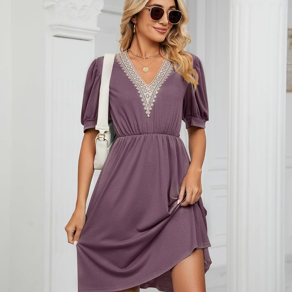 Womens A line V Neck Dress with Pockets Solid Color Short Sleeve Waist Retraction Dress