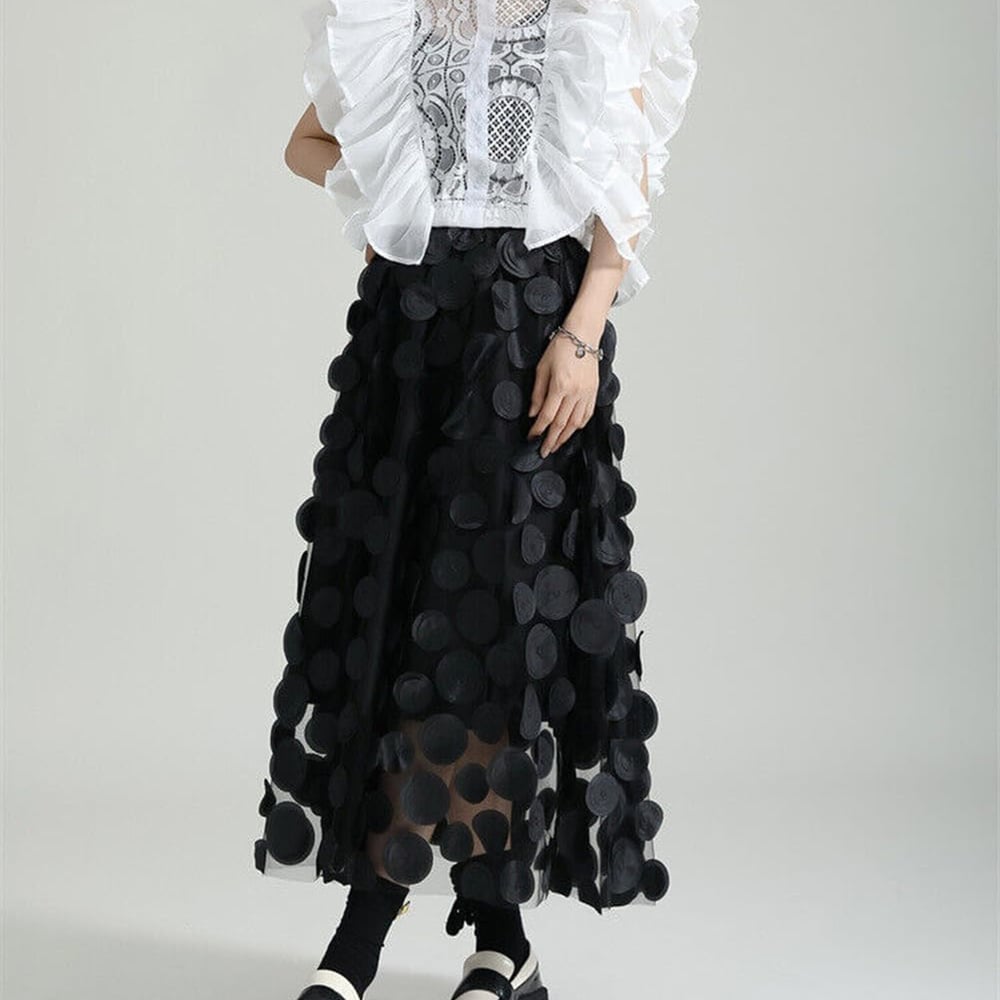 Tulle Skirt Women 3D Polka Dot Elastic Waist Mesh Flowy A-Line Midi Skirts Wedding Halloween Party Outfit