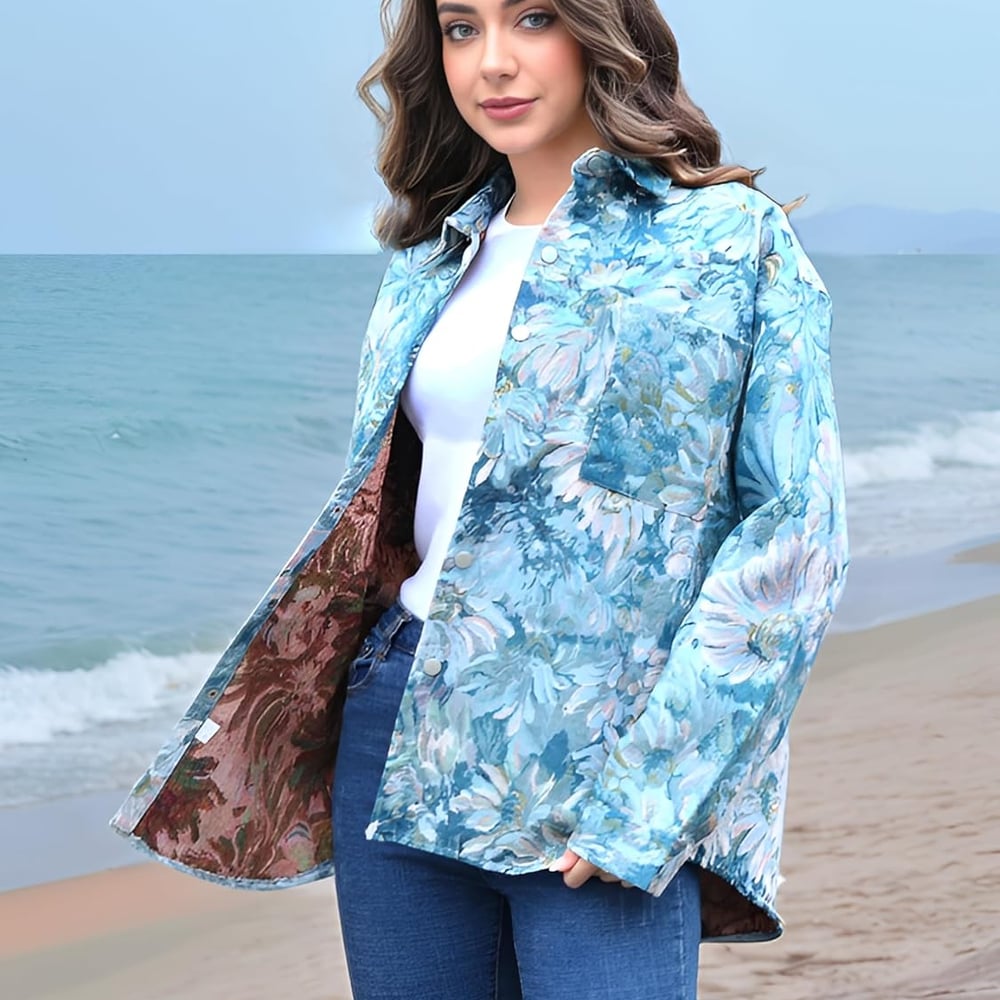 Casual Floral Shacket Cute Flower Pattern Jacquard Loose Shirt denim Canvas Jacket Button Coat Fancy Tops