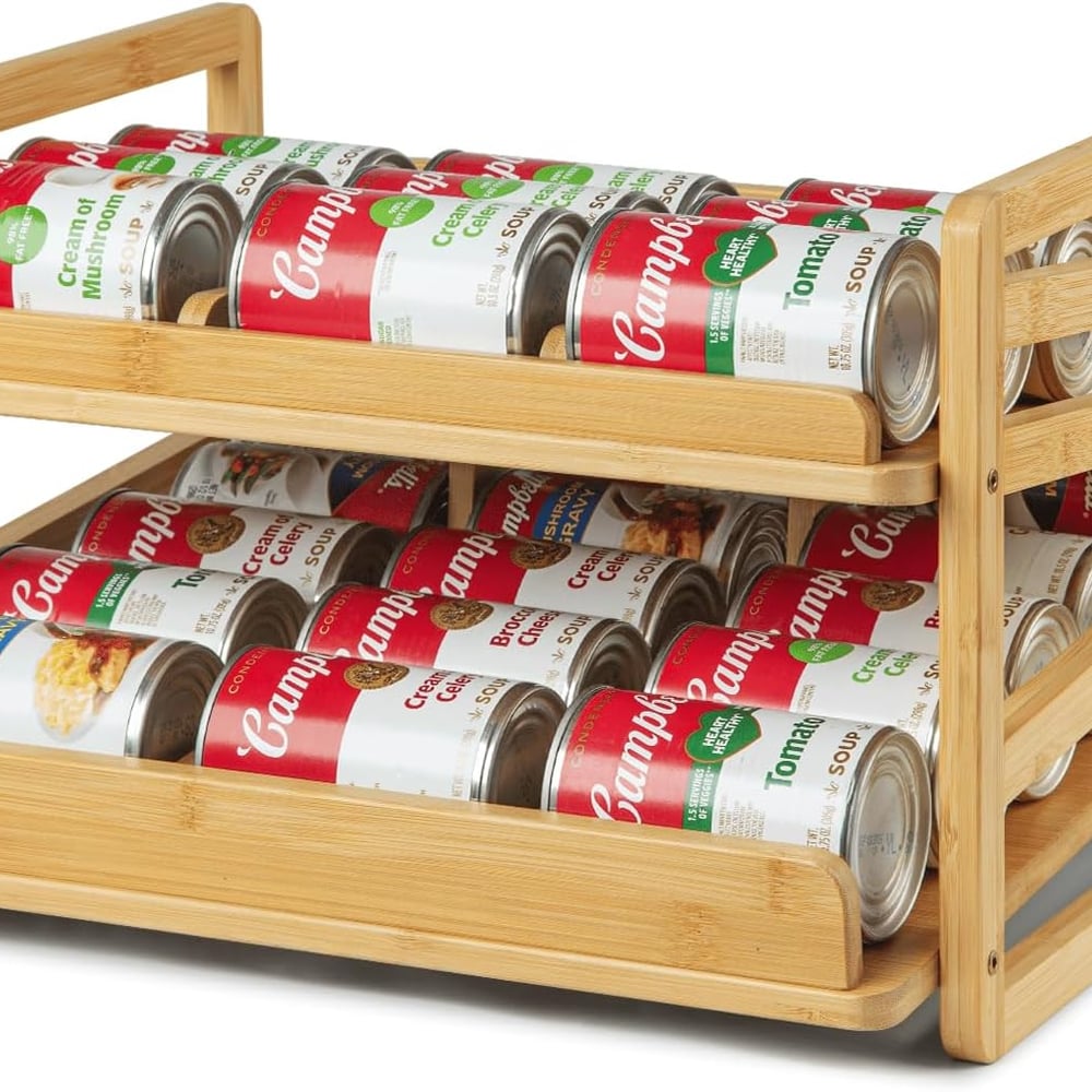 Bamboo Rolling Can Organizer for Pantry, Stackable 2 Tier Canned Food Organizer Rack for Storage, Kitchen Cabinet, Can Holders Dispensers for Pantry Up To 27 Cans