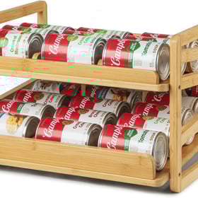 Bamboo Rolling Can Organizer for Pantry, Stackable 2 Tier Canned Food Organizer Rack for Storage, Kitchen Cabinet, Can Holders Dispensers for Pantry Up To 27 Cans