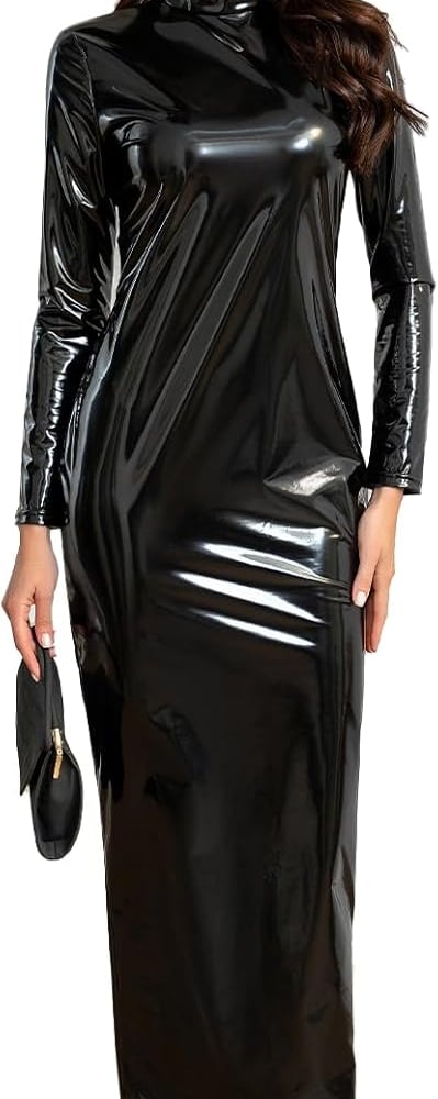 Sexy Tight PU Faux Leather Women's Dress Shiny Patent Leather Longskirt for Women Mopping Floor Dress Street Clothing