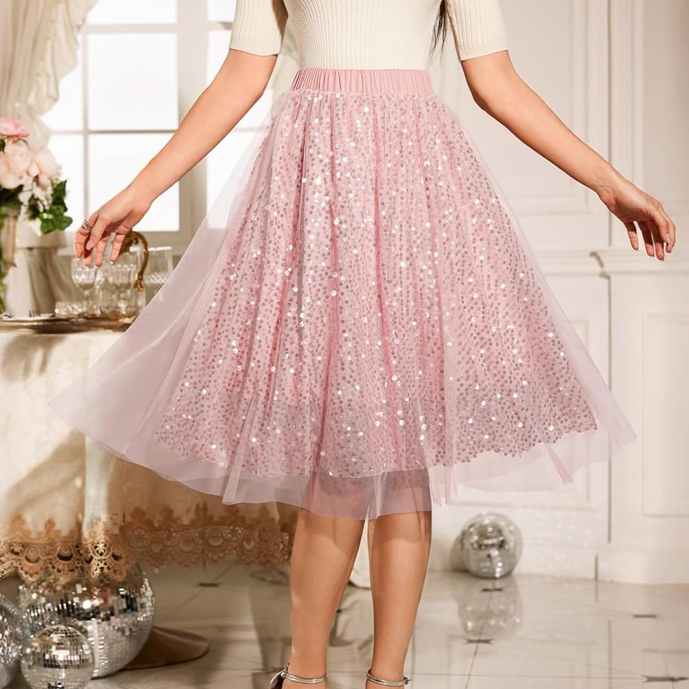 Sequin Tulle Skirts for Women Midi Long Aline Elastic High Waisted Wedding Party Skirt with Lining