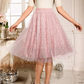Sequin Tulle Skirts for Women Midi Long Aline Elastic High Waisted Wedding Party Skirt with Lining