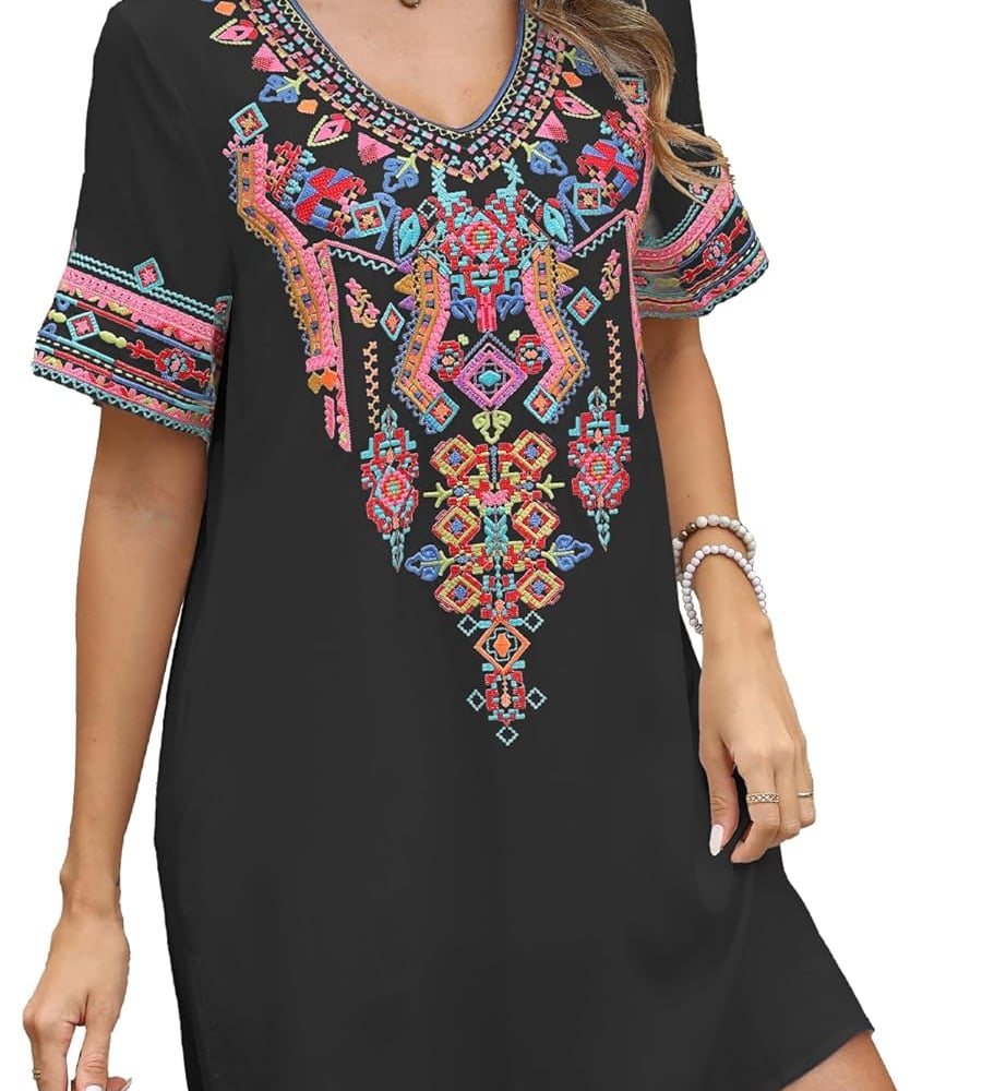 Mexican Embroidered Boho Dress for Women Short Sleeve Cotton Dress with Pockets Plus Size Peasant Summer Fiesta Dresses