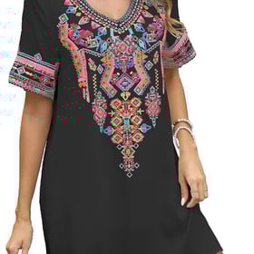 Mexican Embroidered Boho Dress for Women Short Sleeve Cotton Dress with Pockets Plus Size Peasant Summer Fiesta Dresses