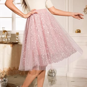 Sequin Tulle Skirts for Women Midi Long Aline Elastic High Waisted Wedding Party Skirt with Lining