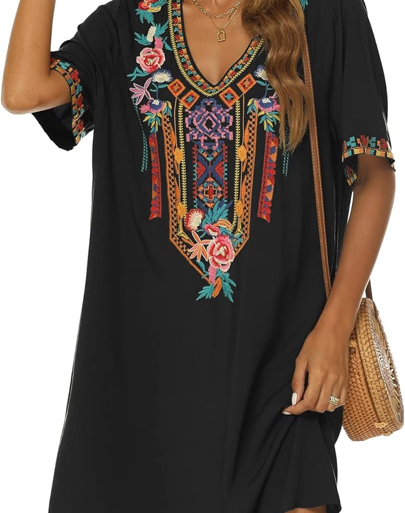 Women's Embroidered Mexican Peasant Dresses, Plus Size Fiesta Boho Dress for Women, Traditional Floral Bohemian Tunic