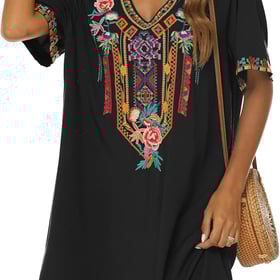 Women's Embroidered Mexican Peasant Dresses, Plus Size Fiesta Boho Dress for Women, Traditional Floral Bohemian Tunic