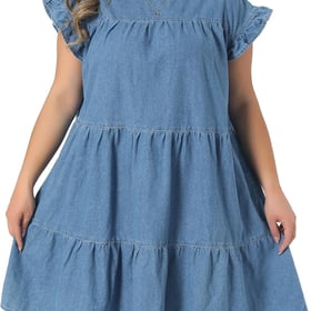 Plus Size Denim Dress for Women 2026 Summer Babydoll Ruffle Sleeve Loose Flowy Swing Pleated Jean Dresses