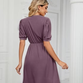 Womens A line V Neck Dress with Pockets Solid Color Short Sleeve Waist Retraction Dress