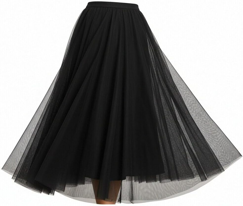 3-Season Women's Tulle Skirt Elastic High Waist A-Line Layered Flowy Long Tutu | Date Night Fall Party Casual Wear