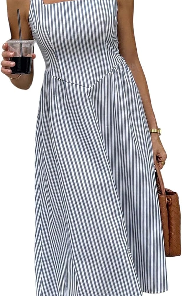 Women's Striped Tank Dress Sleeveless Square Neck Going Out A Line Midi Dresses