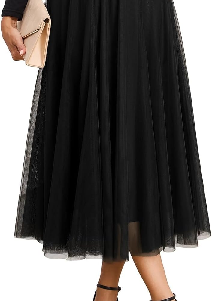 3-Season Women's Tulle Skirt Elastic High Waist A-Line Layered Flowy Long Tutu | Date Night Fall Party Casual Wear