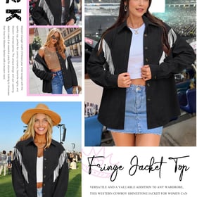 Womens Corduroy Nashville Sparkly Rhinestone Fringe Shacket Concert Outfits Long Sleeves Spakle Tassel Shirt Jacket