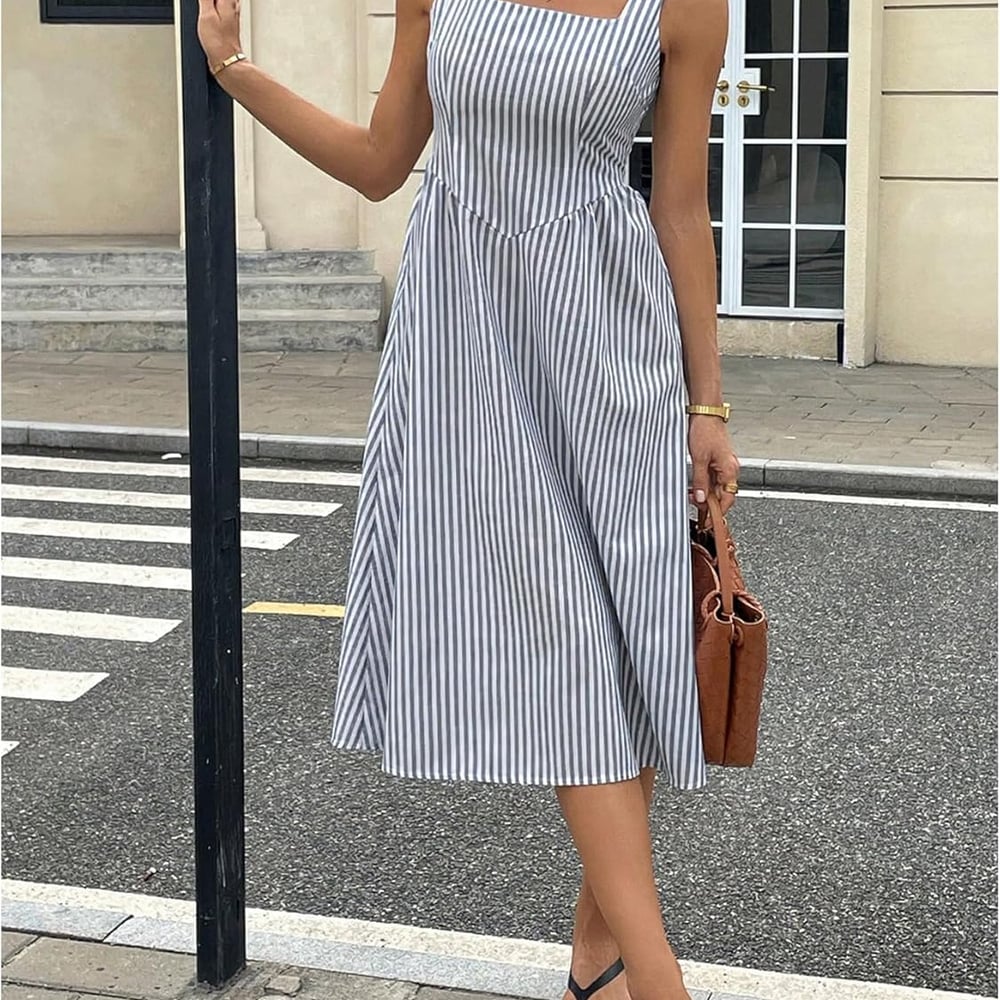 Women's Striped Tank Dress Sleeveless Square Neck Going Out A Line Midi Dresses