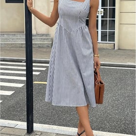Women's Striped Tank Dress Sleeveless Square Neck Going Out A Line Midi Dresses