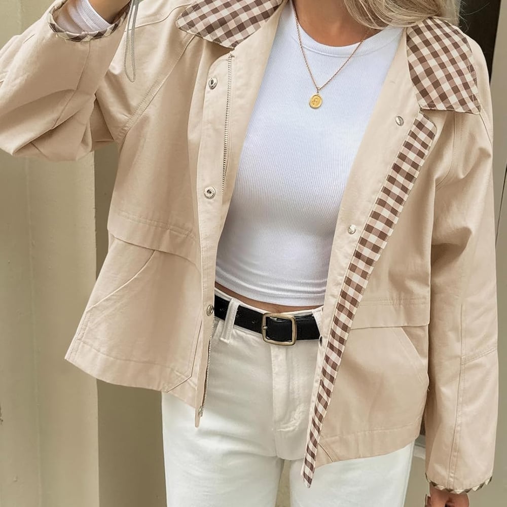 Womens Cropped Jacket Lightweight Casual Zip Up Barn Jackets Fall Contrast Plaid Outerwear Coat