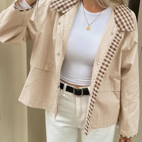 Womens Cropped Jacket Lightweight Casual Zip Up Barn Jackets Fall Contrast Plaid Outerwear Coat