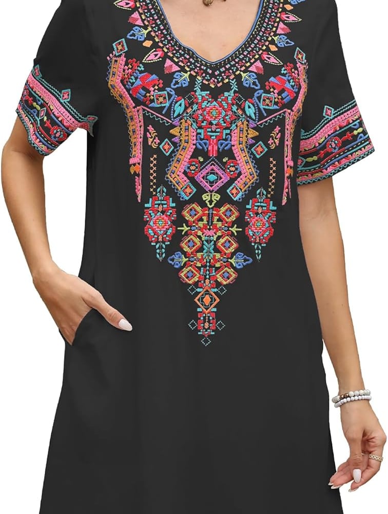 Mexican Embroidered Boho Dress for Women Short Sleeve Cotton Dress with Pockets Plus Size Peasant Summer Fiesta Dresses