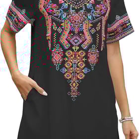 Mexican Embroidered Boho Dress for Women Short Sleeve Cotton Dress with Pockets Plus Size Peasant Summer Fiesta Dresses