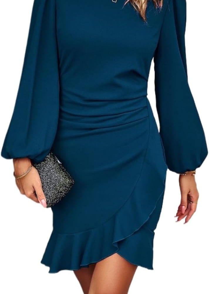 Women Formal Elegant Mini Dress Long Lantern Sleeve Ruffle Hem Ruched Party Cocktail Wedding Guest Work Dresses