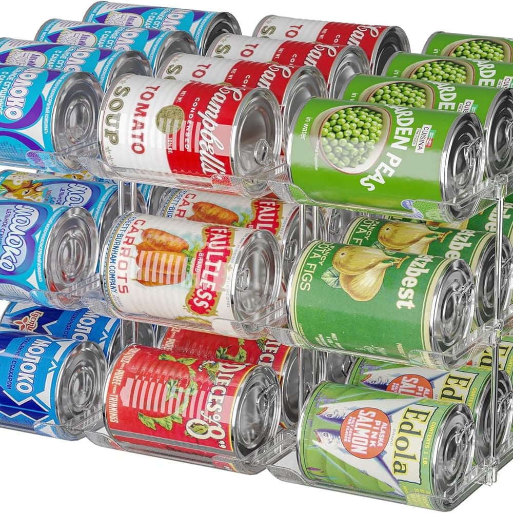 Stackable 3-Tier Can Organizer for Pantry & Fridge – Clear Auto-Rolling Rack Holds 36 Cans | Space-Saving Storage for Soda & Canned Food (3 Interlocking Sets)