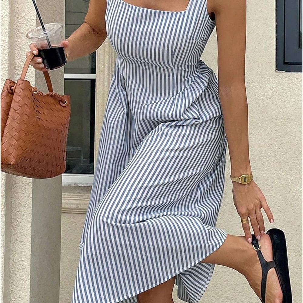 Women's Striped Tank Dress Sleeveless Square Neck Going Out A Line Midi Dresses