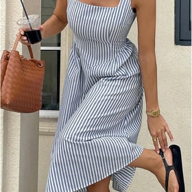 Women's Striped Tank Dress Sleeveless Square Neck Going Out A Line Midi Dresses