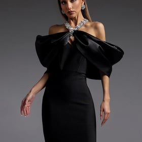 Red Maxi Halter Sleeveless Backless Formal Evening Dress Elegant Rhinestone Off Shoulder Large Bow Gala Dress for Women